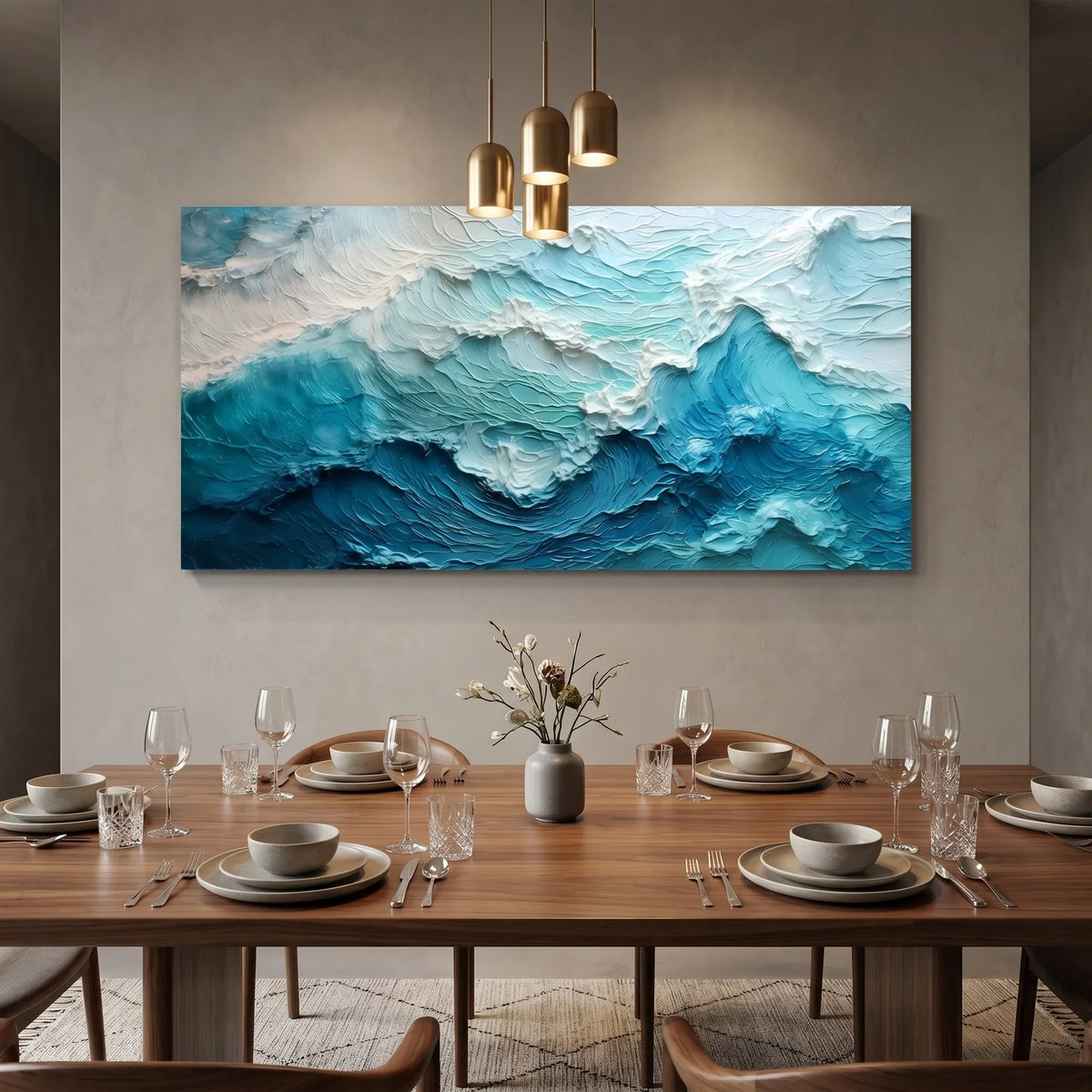 Large 3D wall painting with real textured canvas above a modern living room sofa.