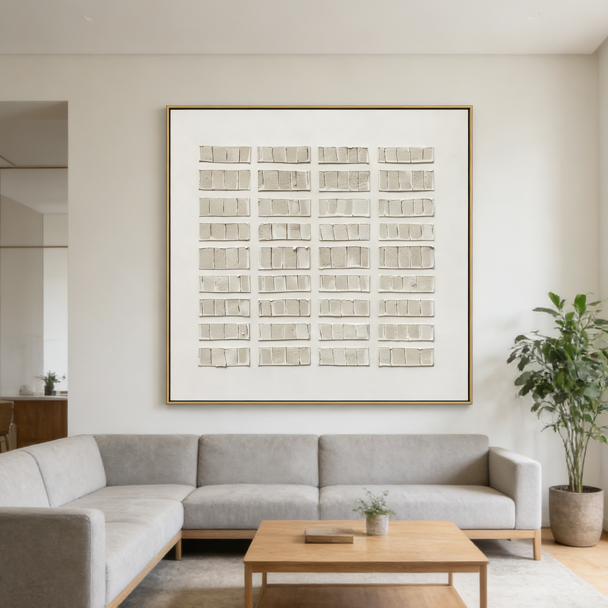 Minimalist Wabi-Sabi wall art with organic plaster texture and simple arched lines.