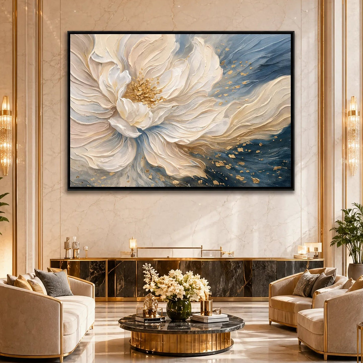 3D Petal Floral Oil Painting Navy Gold Wall Art HP#2812 — Existing room preview room preview