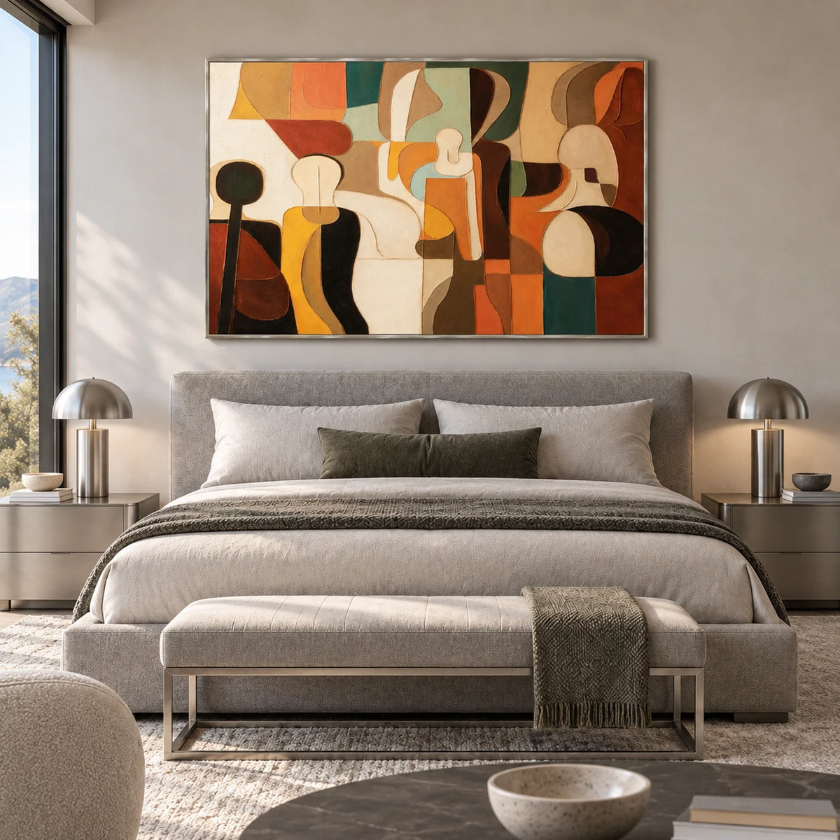 Earth Tone Figurative Abstract Original Oil Painting AA#0609 — Silver Frame existing room preview