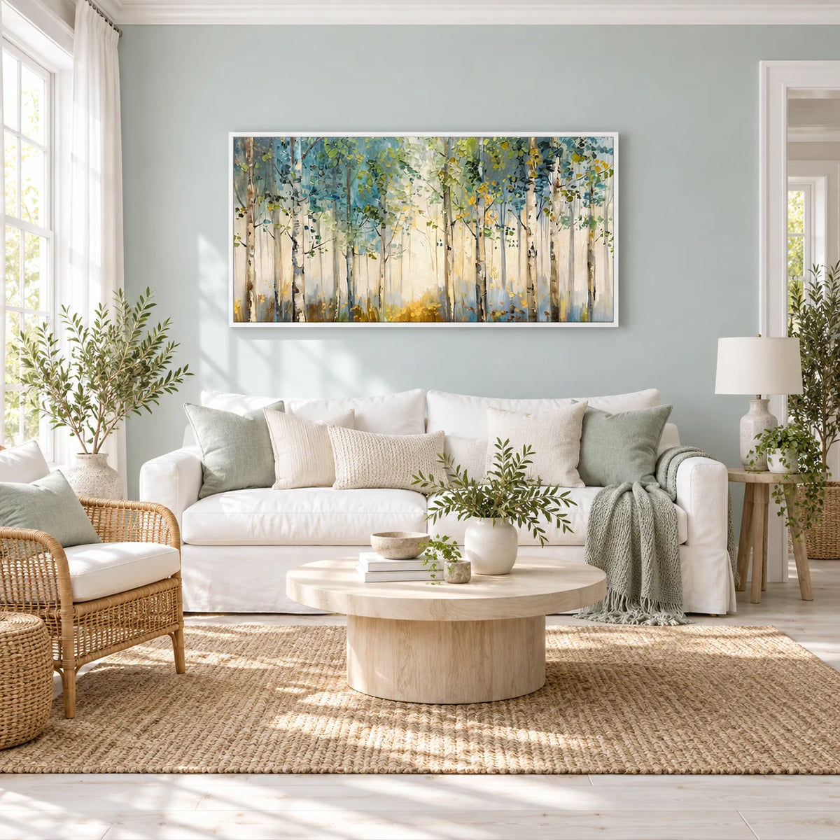 Birch Forest Original Oil Painting Canvas Wall Art AA#0618 — White Frame existing room preview