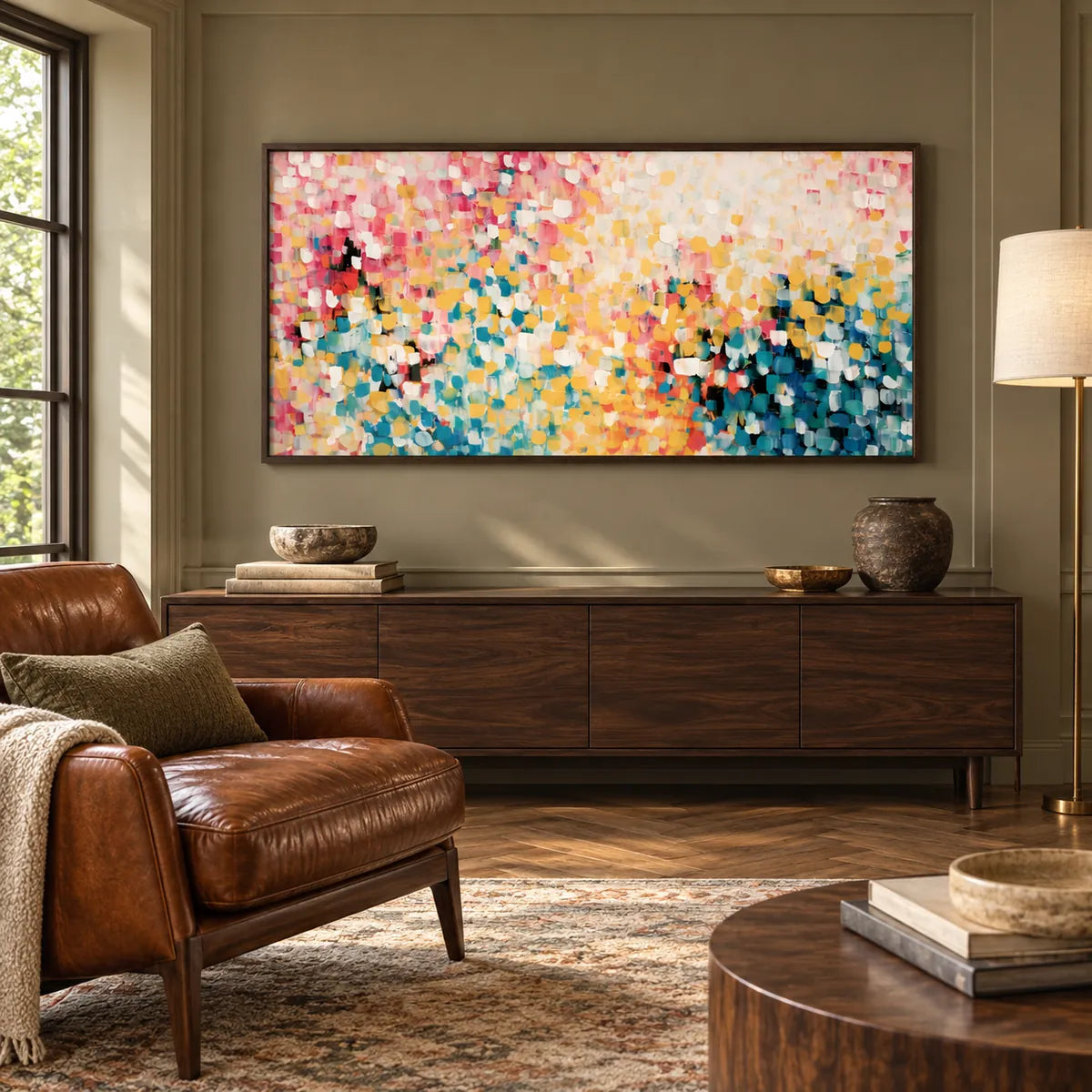 Sunlit Mosaic Abstract Painting AA#2301 — Dark Wood Frame existing room preview