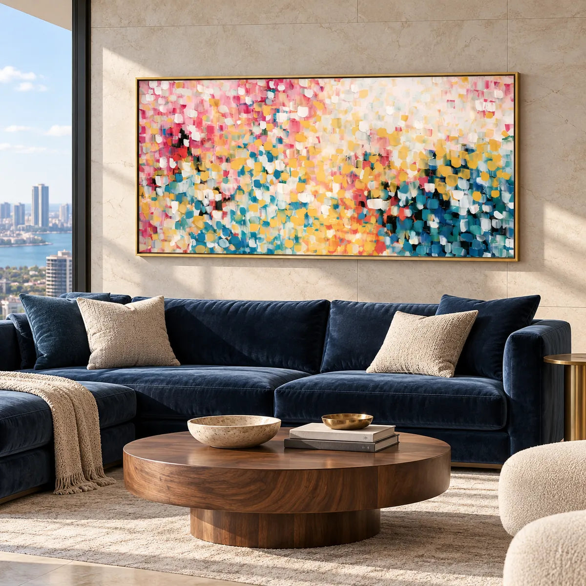Sunlit Mosaic Abstract Painting AA#2301 — Gold Frame existing room preview