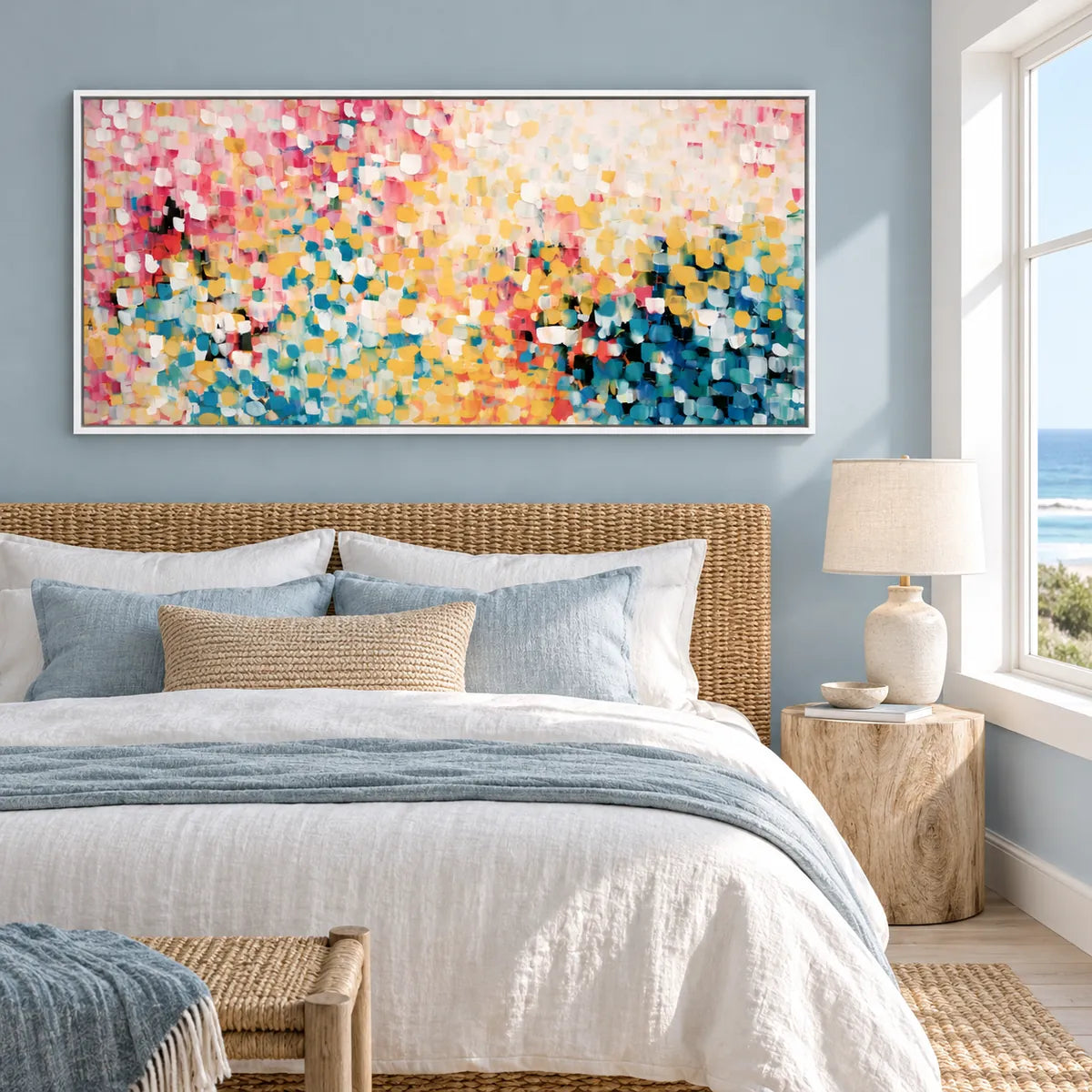 Sunlit Mosaic Abstract Painting AA#2301 — White Frame existing room preview