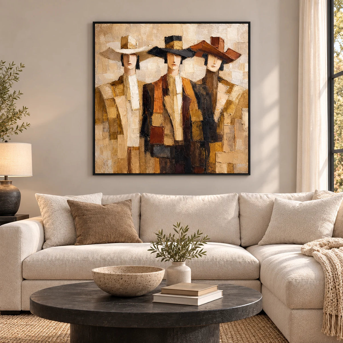 Golden Trio Figurative Painting AA#2302 — Existing room preview room preview