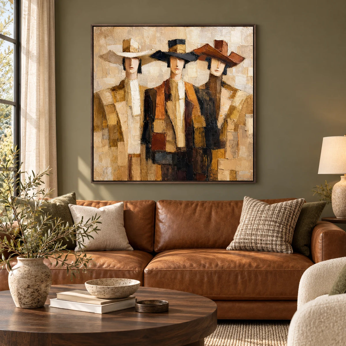 Golden Trio Figurative Painting AA#2302 — Dark Wood Frame existing room preview