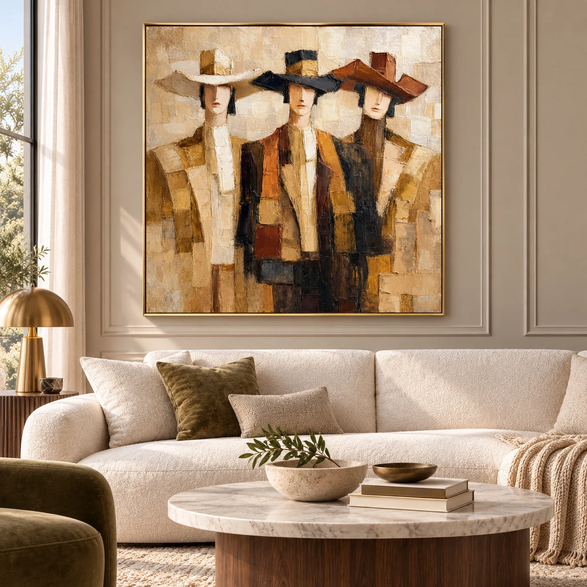 Golden Trio Figurative Painting AA#2302 — Gold Frame existing room preview