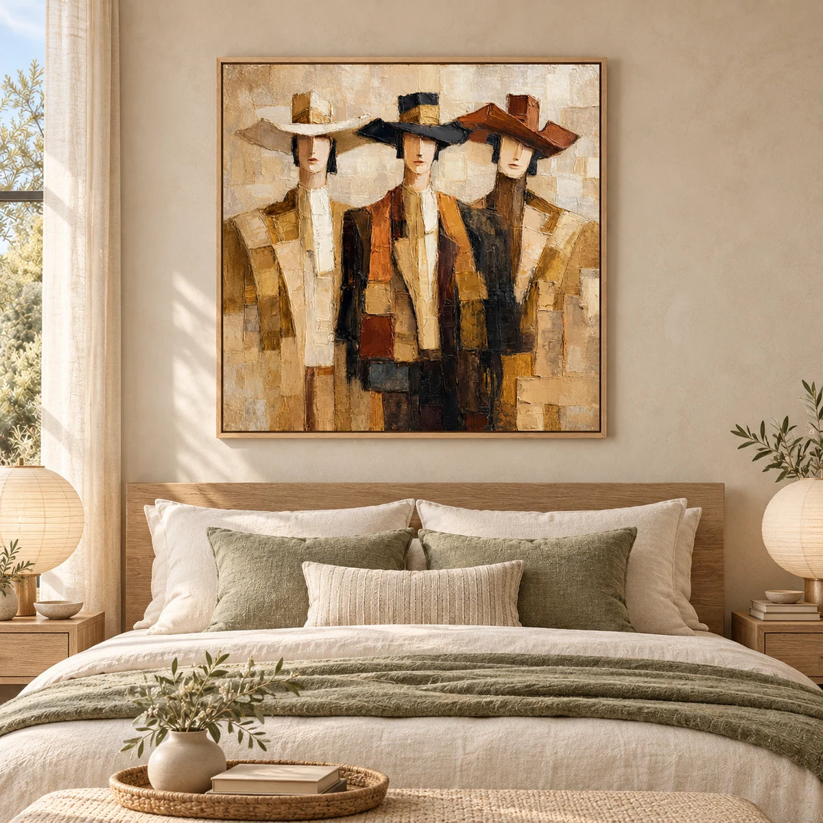 Golden Trio Figurative Painting AA#2302 — Wood Frame existing room preview