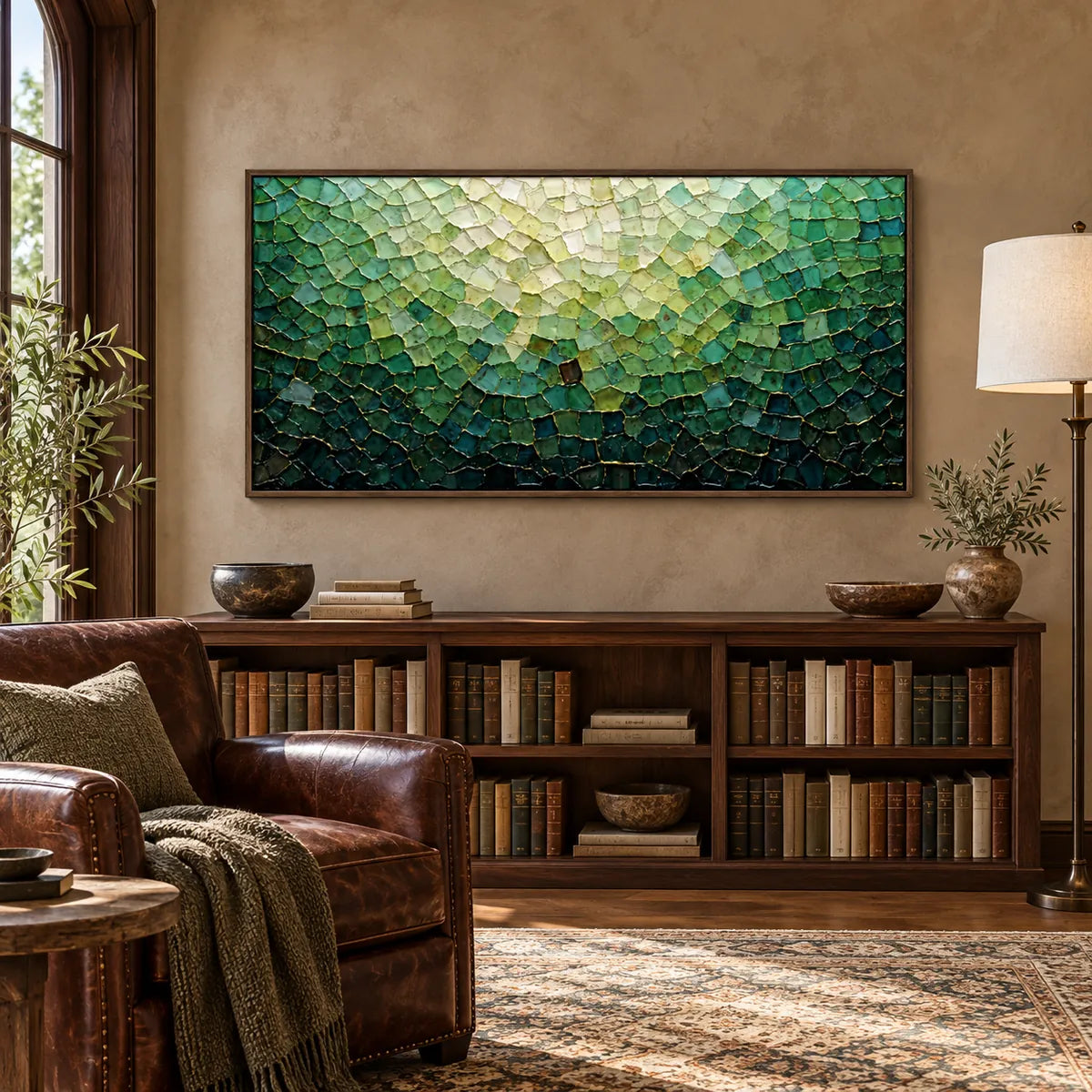 Emerald Tides Abstract Painting AA#2303 — Dark Wood Frame existing room preview