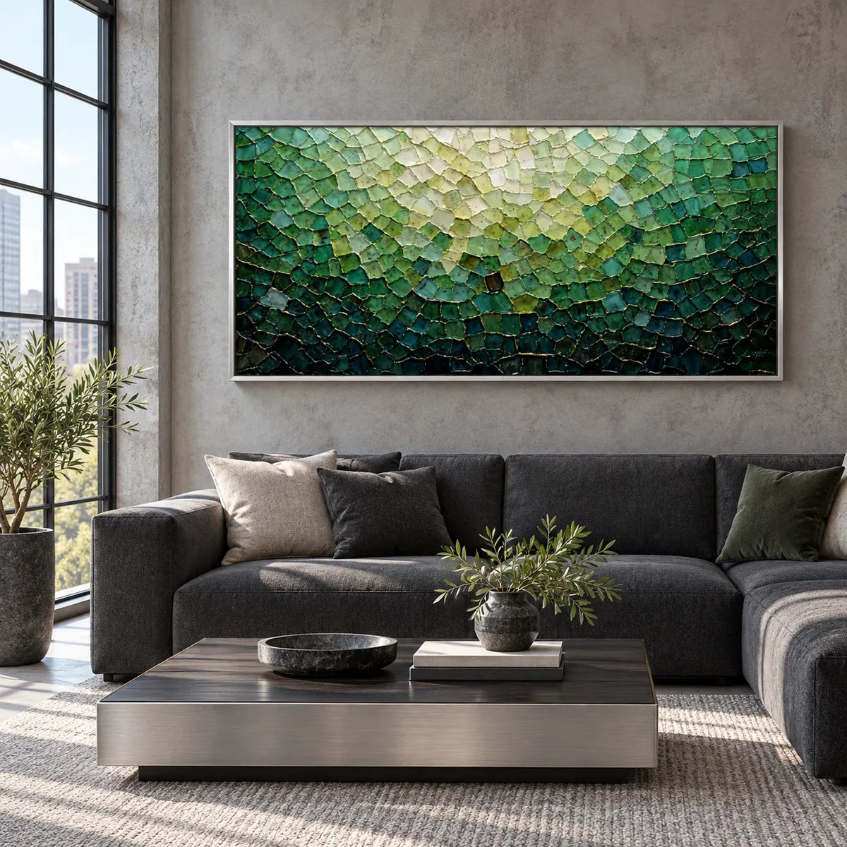 Emerald Tides Abstract Painting AA#2303 — Silver Frame existing room preview