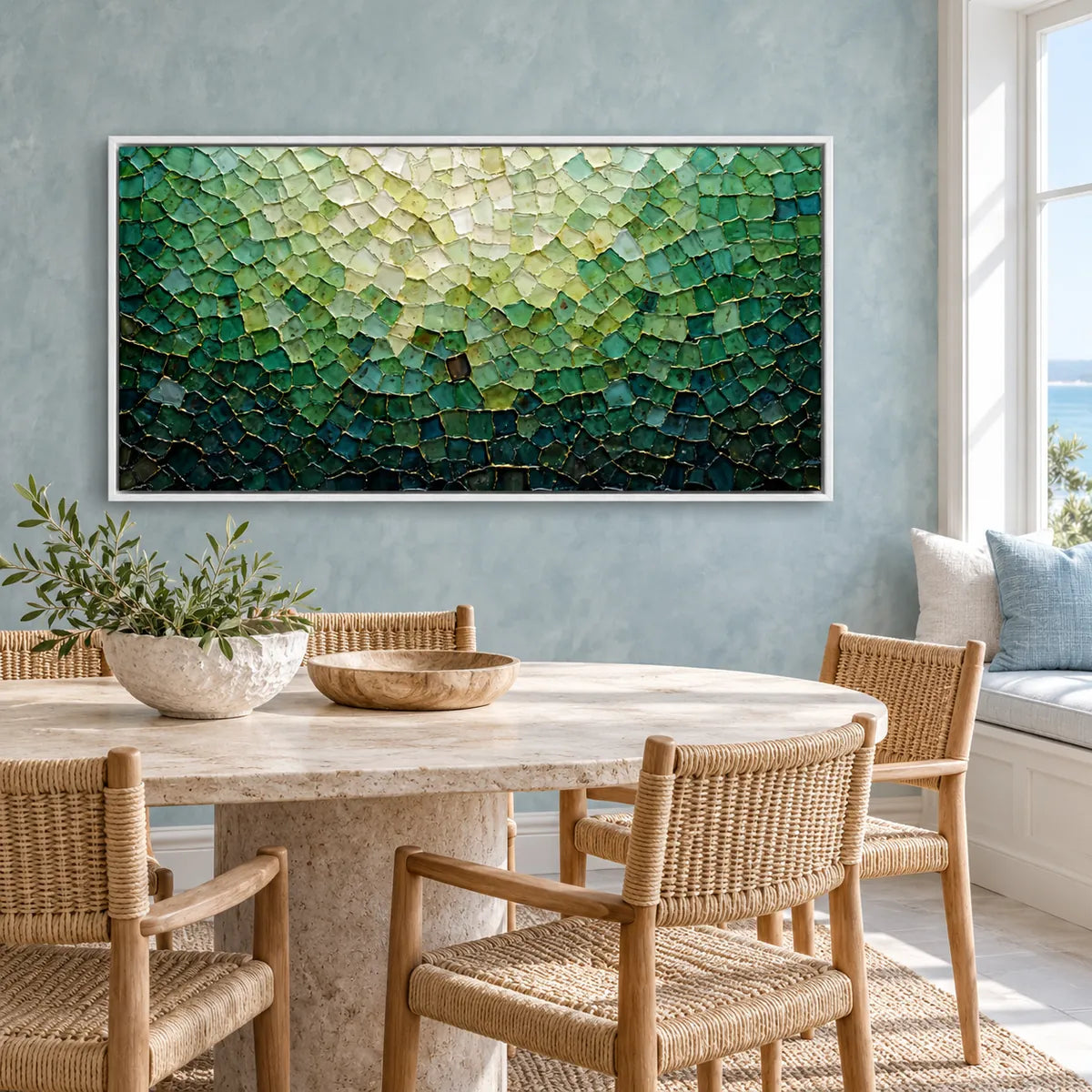 Emerald Tides Abstract Painting AA#2303 — White Frame existing room preview