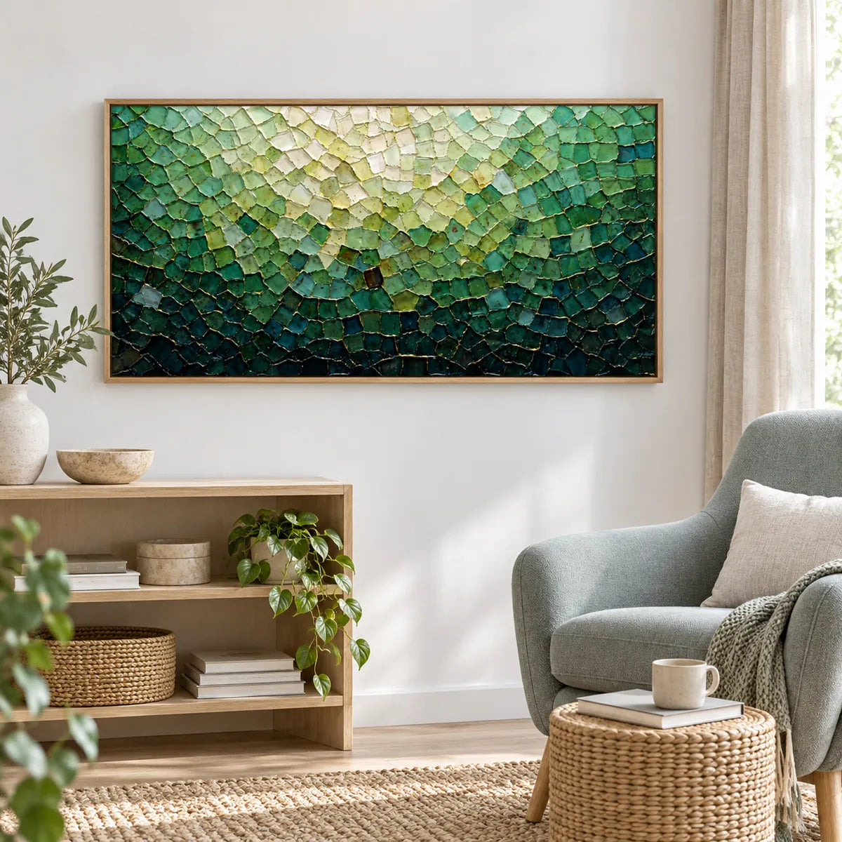 Emerald Tides Abstract Painting AA#2303 — Wood Frame existing room preview
