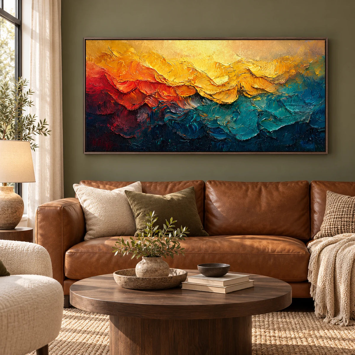 Golden Horizon Abstract Painting AA#2304 — Dark Wood Frame existing room preview