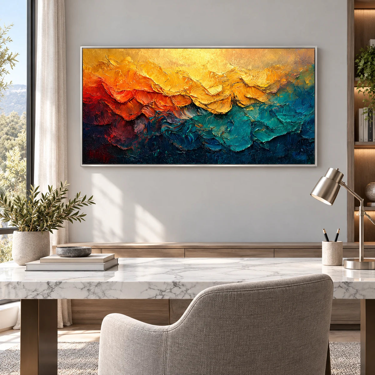 Golden Horizon Abstract Painting AA#2304 — Silver Frame existing room preview
