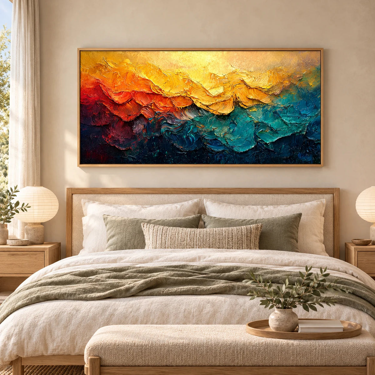 Golden Horizon Abstract Painting AA#2304 — Wood Frame existing room preview