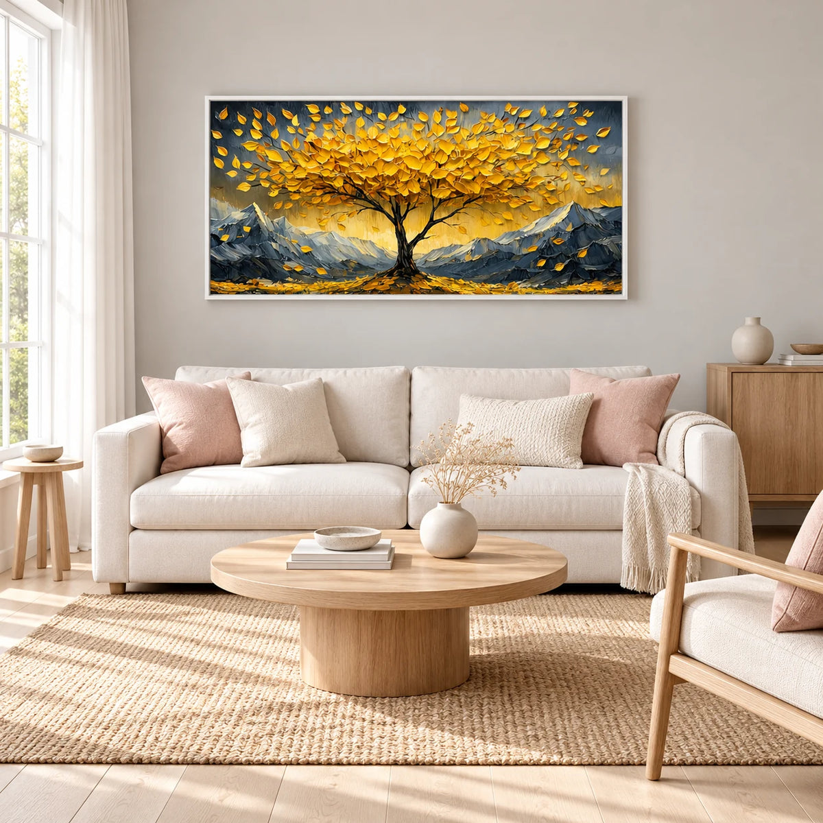 Golden Canopy Tree Painting AA#2305 — White Frame existing room preview