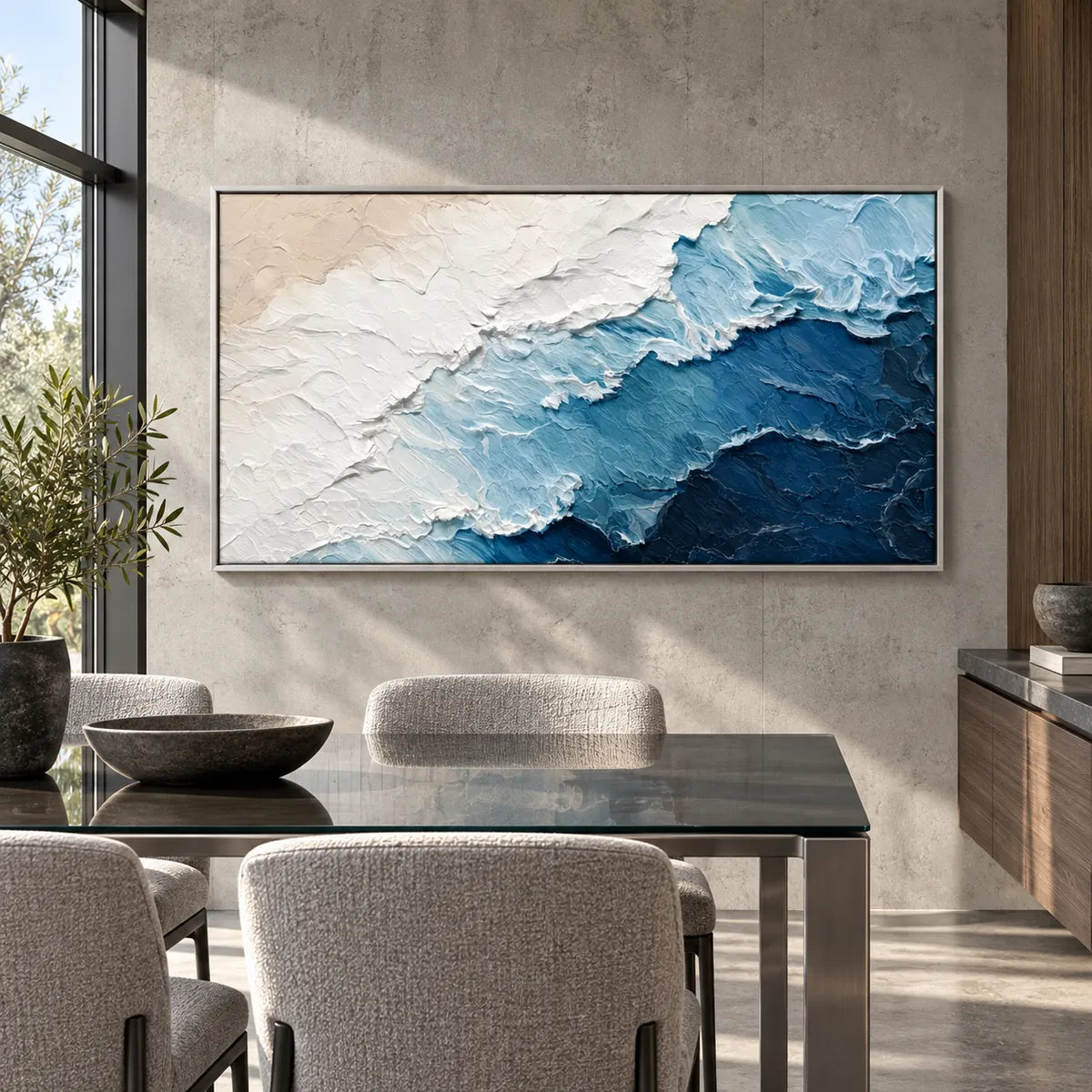 Coastal Drift Blue Abstract Painting AA#2306 — Silver Frame existing room preview