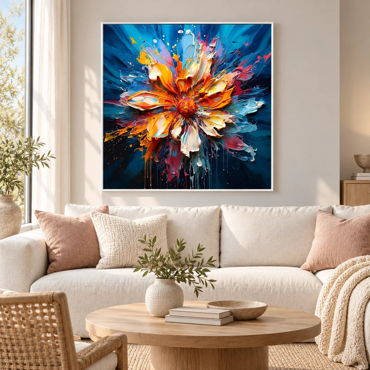 Radiant Bloom Abstract Flower Painting AA#2307 — White Frame existing room preview