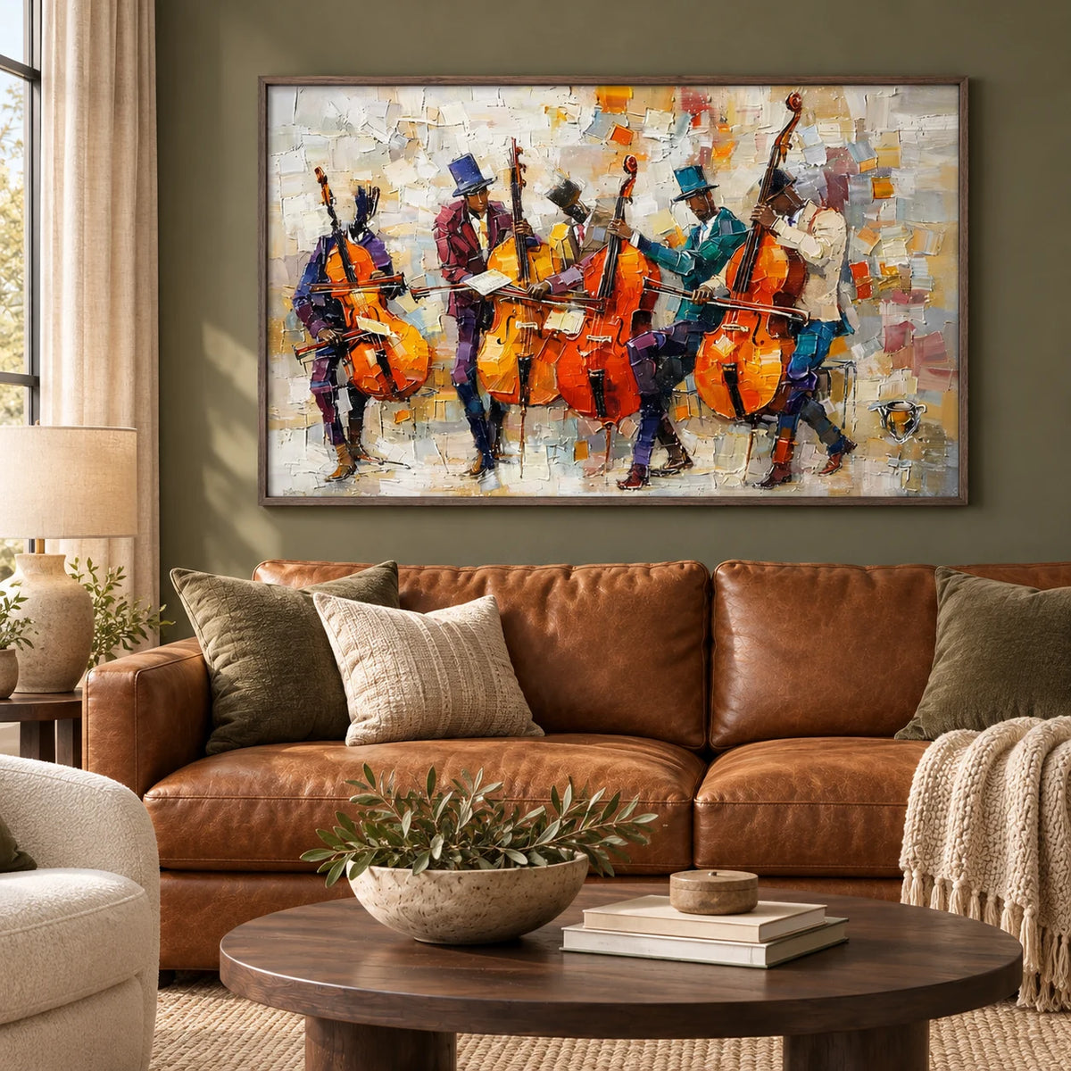 Midnight Strings Jazz Painting AA#2309 — Dark Wood Frame existing room preview