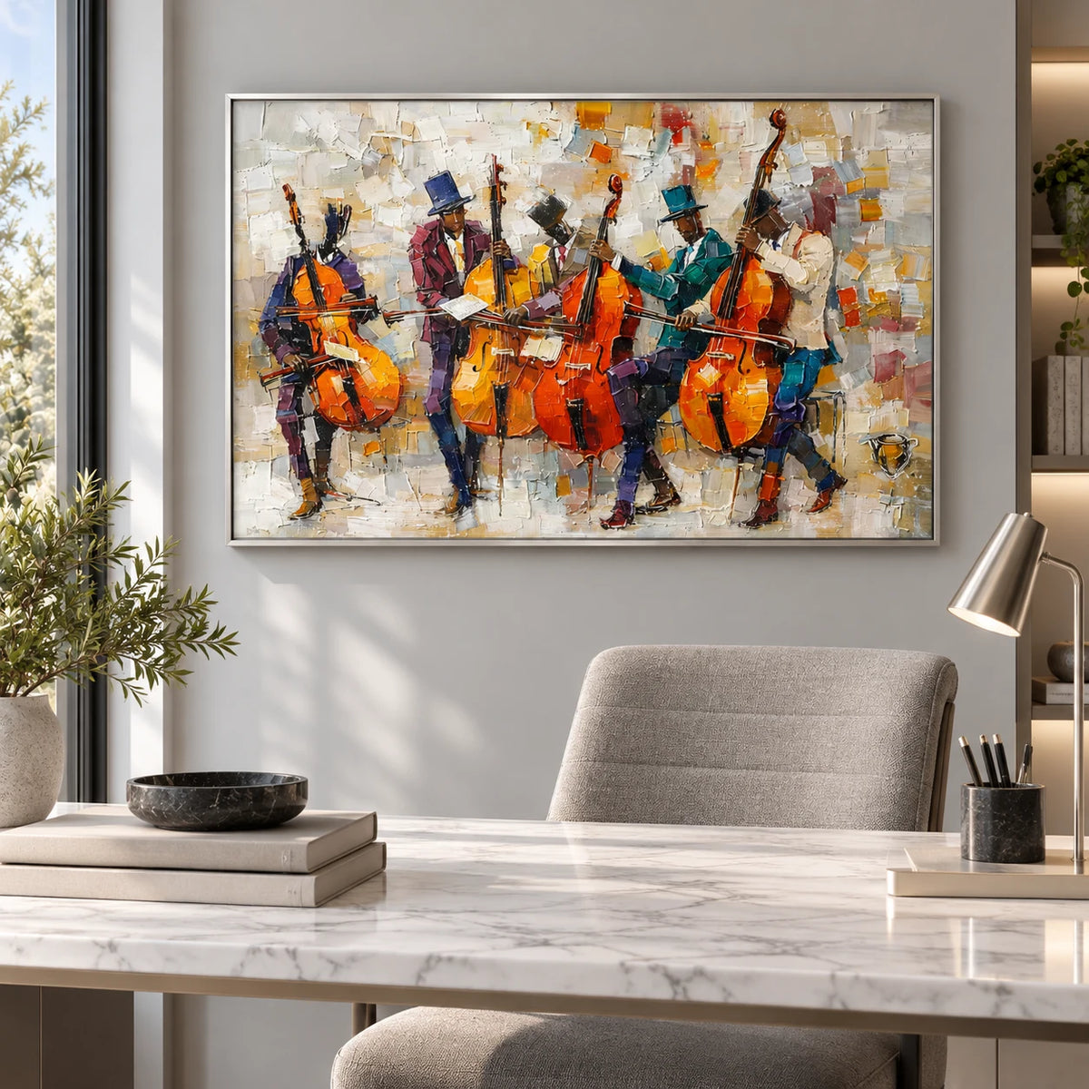 Midnight Strings Jazz Painting AA#2309 — Silver Frame existing room preview
