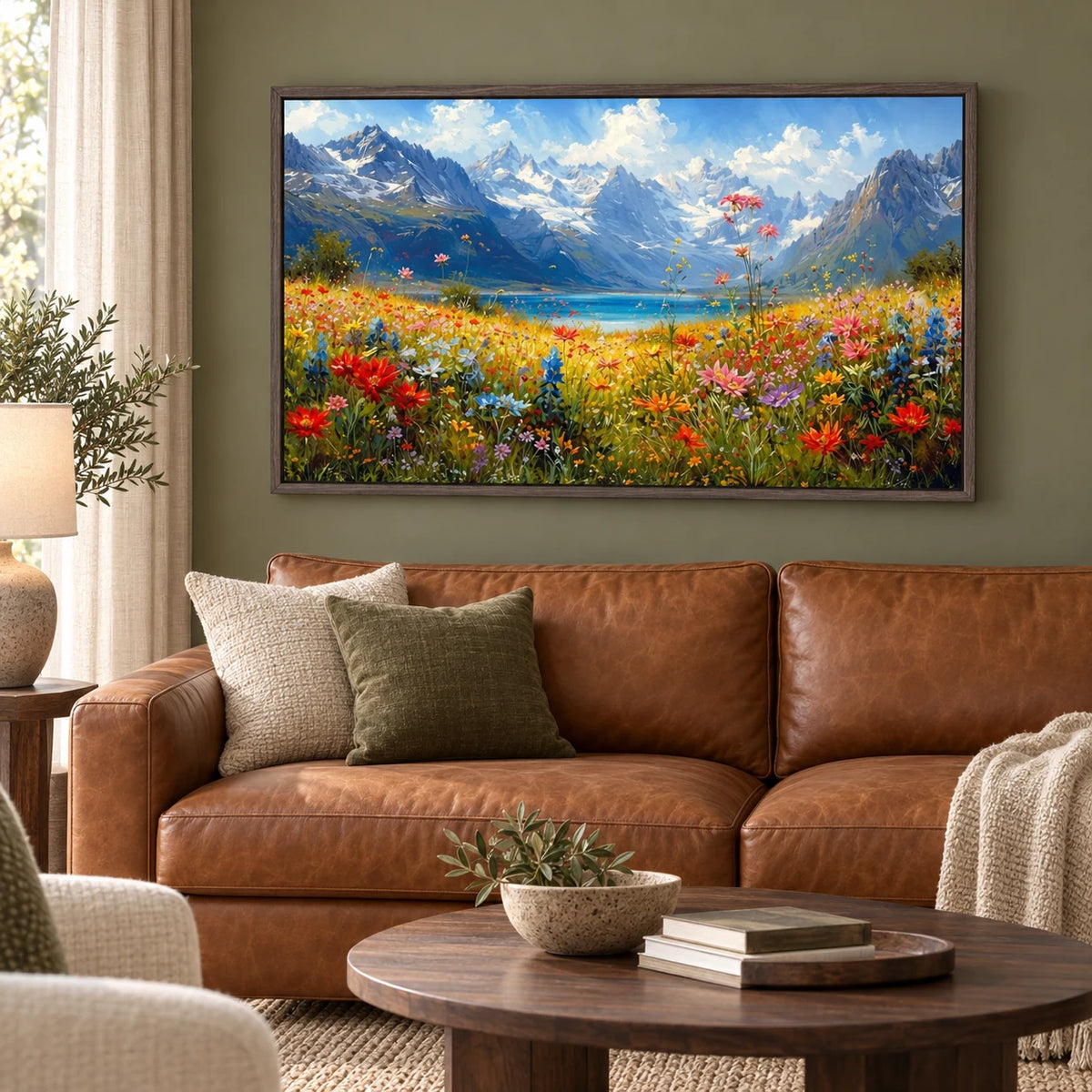 Hand Painted Alpine Meadow Oil Painting for Dining Room AA#2310 — Dark Wood Frame existing room preview