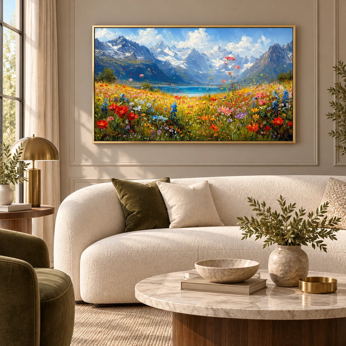 Hand Painted Alpine Meadow Oil Painting for Dining Room AA#2310 — Gold Frame existing room preview