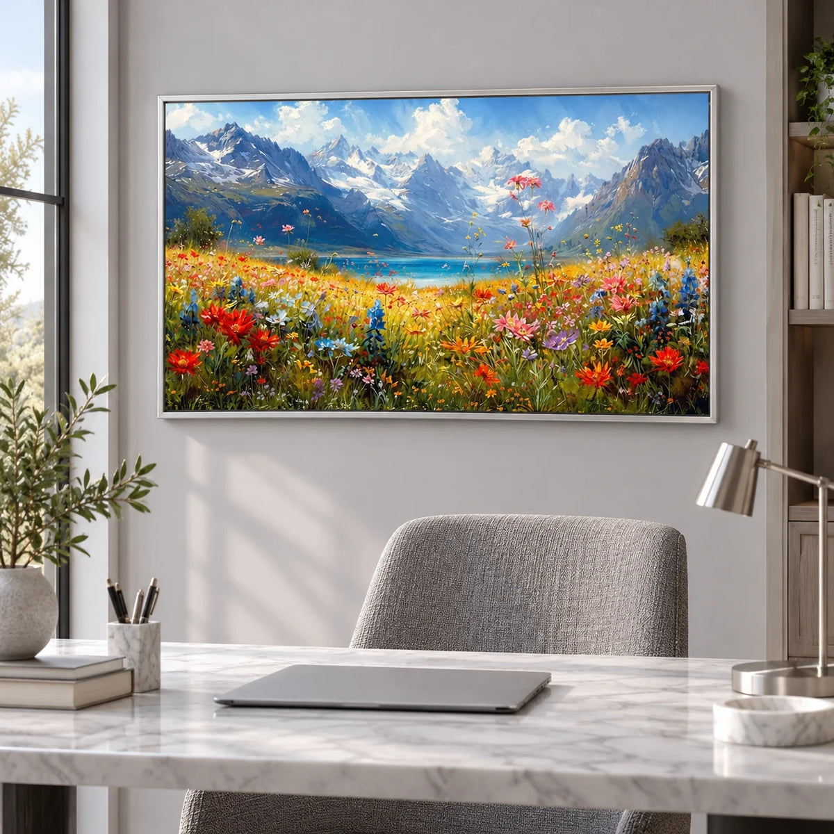 Hand Painted Alpine Meadow Oil Painting for Dining Room AA#2310 — Silver Frame existing room preview