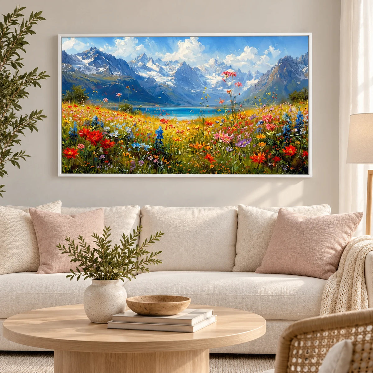 Hand Painted Alpine Meadow Oil Painting for Dining Room AA#2310 — White Frame existing room preview