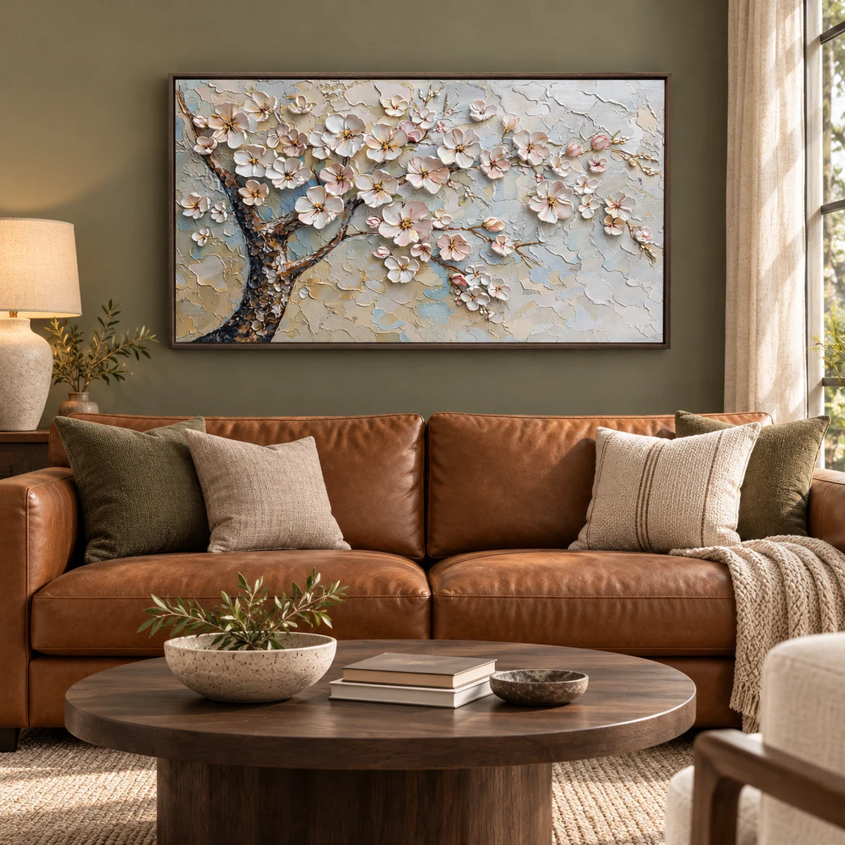 Soft Sakura Blossom Painting AA#2312 — Dark Wood Frame existing room preview