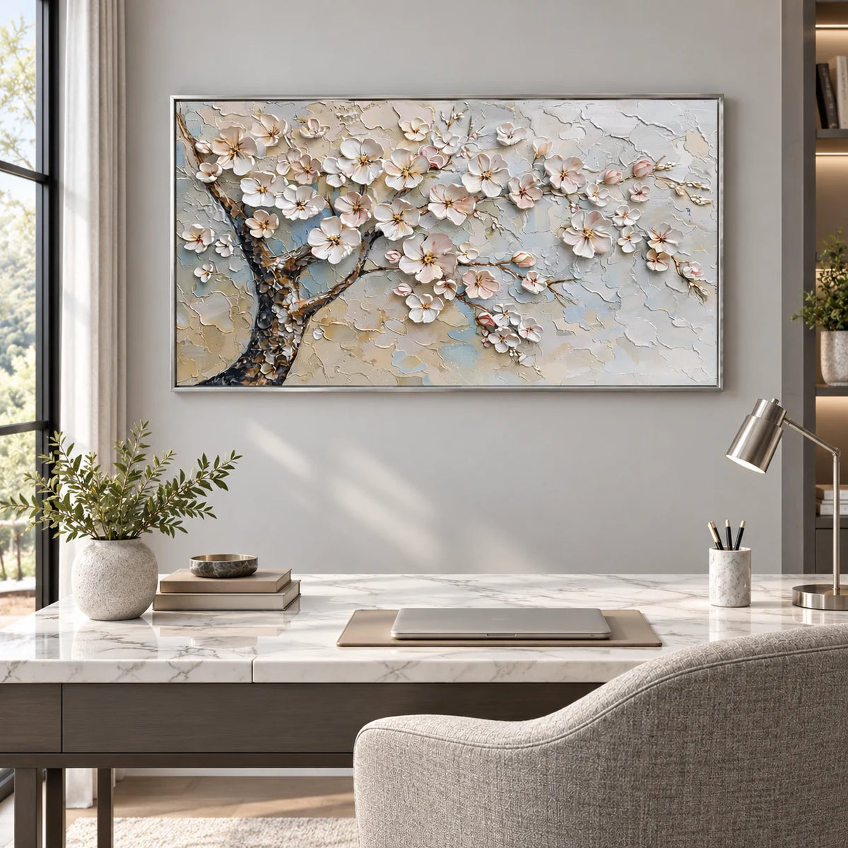 Soft Sakura Blossom Painting AA#2312 — Silver Frame existing room preview