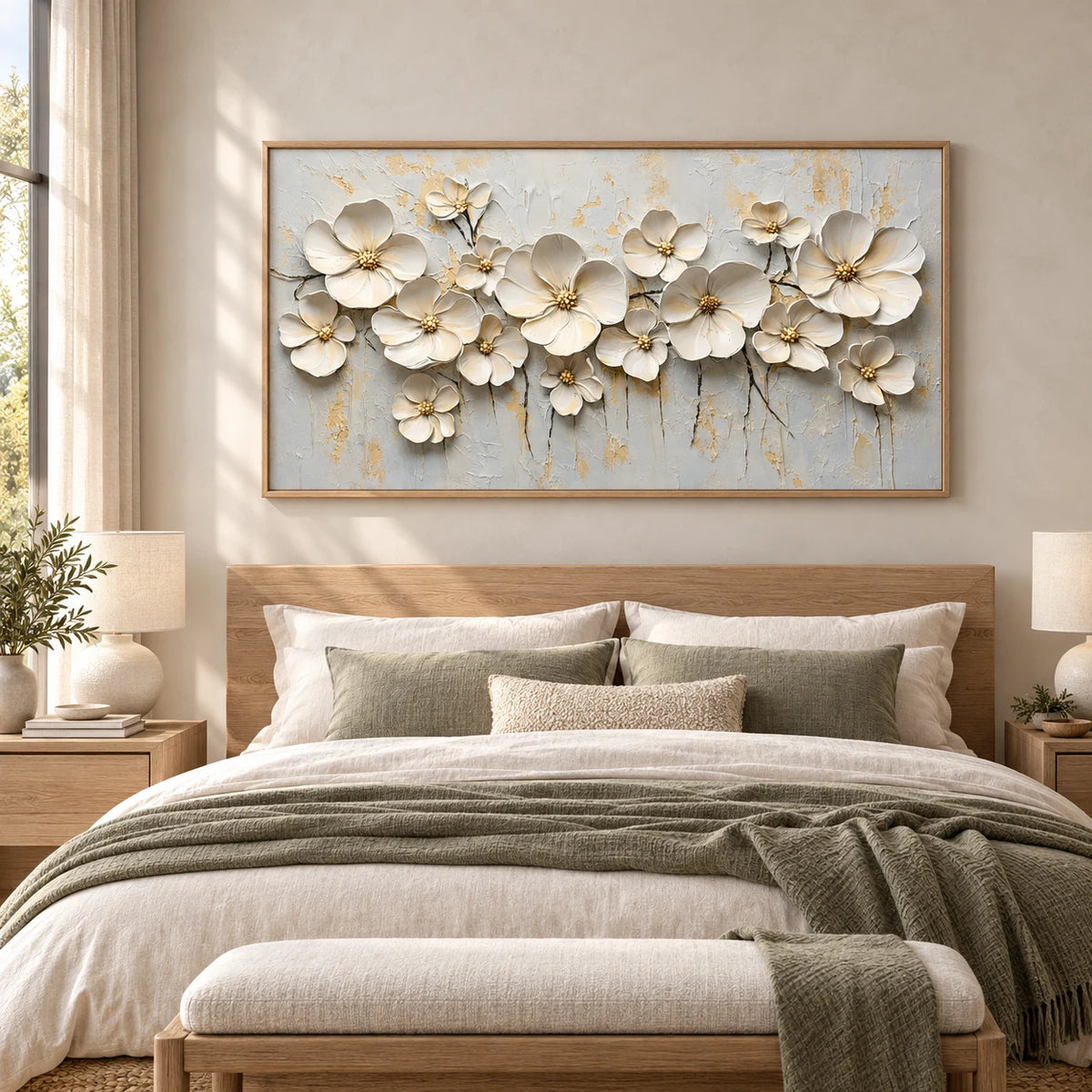 Ivory Bloom Relief Painting AA#2316 — Wood Frame existing room preview