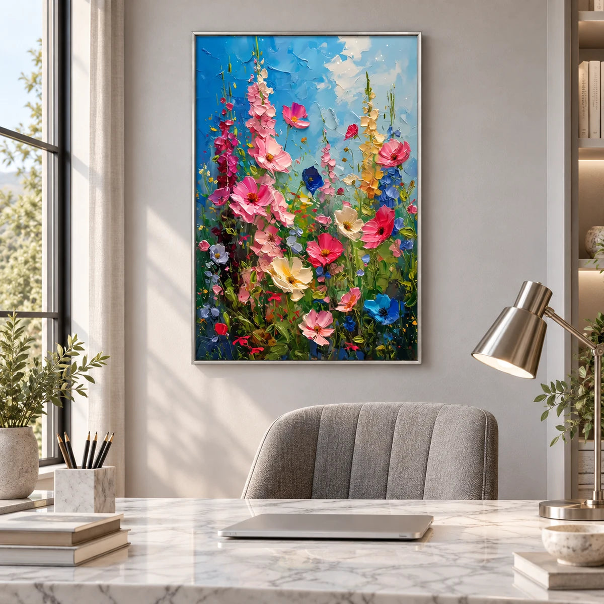 Sky Bloom Wildflower Garden Painting AA#2321 — Silver Frame existing room preview