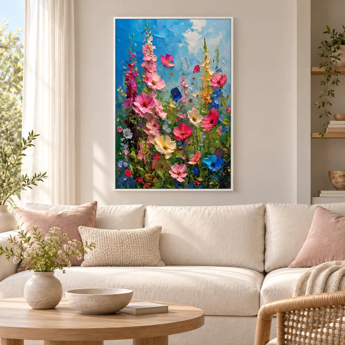 Sky Bloom Wildflower Garden Painting AA#2321 — White Frame existing room preview