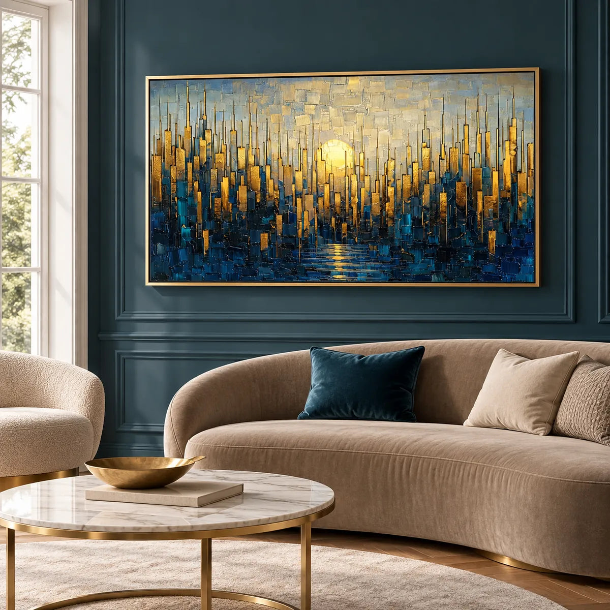 Golden Horizon Cityscape Painting AA#2322 — Gold Frame existing room preview