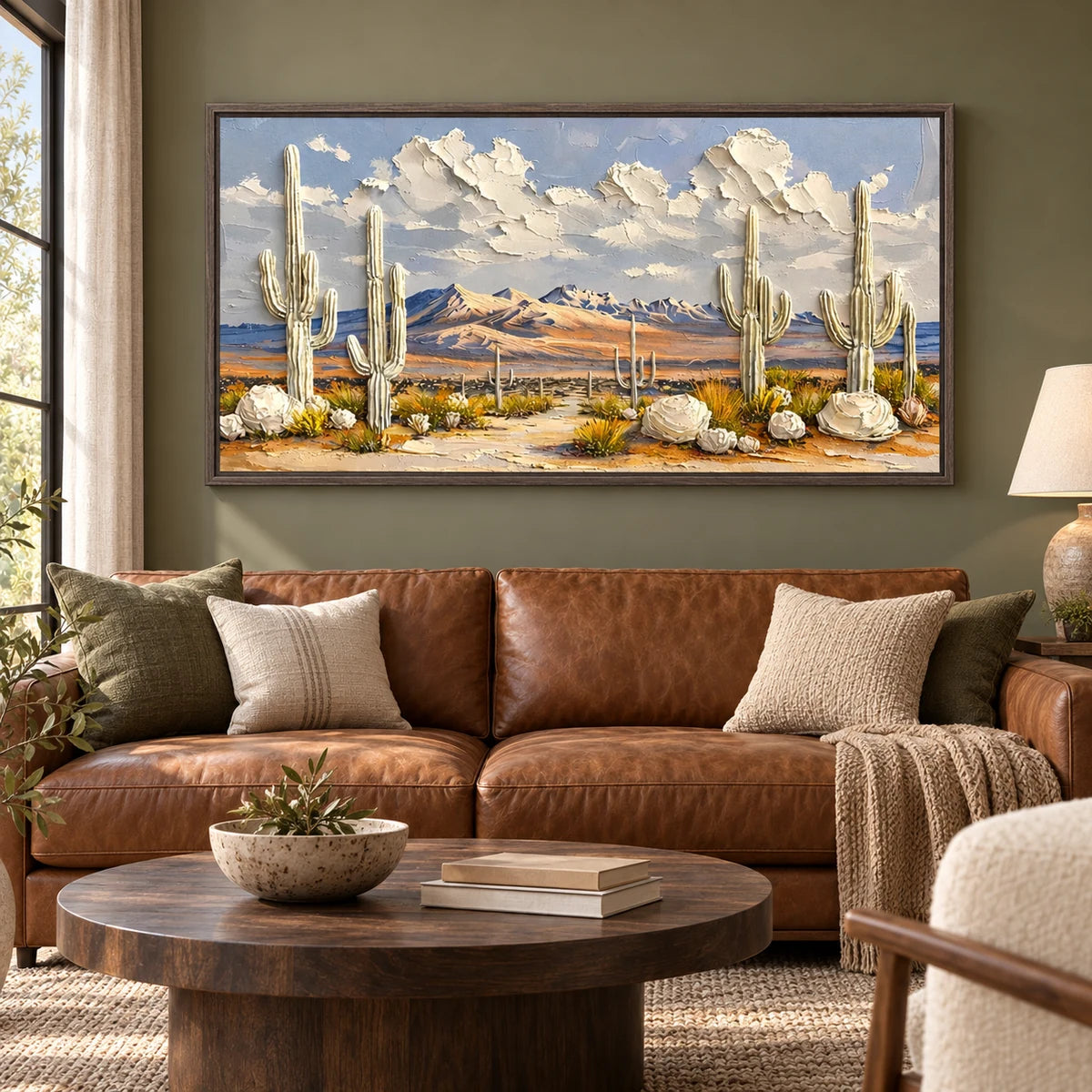 Desert Bloom Cactus Landscape Painting AA#2323 — Dark Wood Frame existing room preview