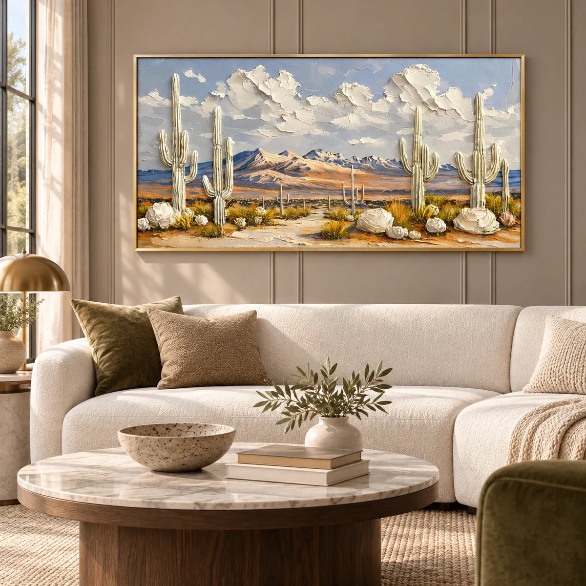 Desert Bloom Cactus Landscape Painting AA#2323 — Gold Frame existing room preview