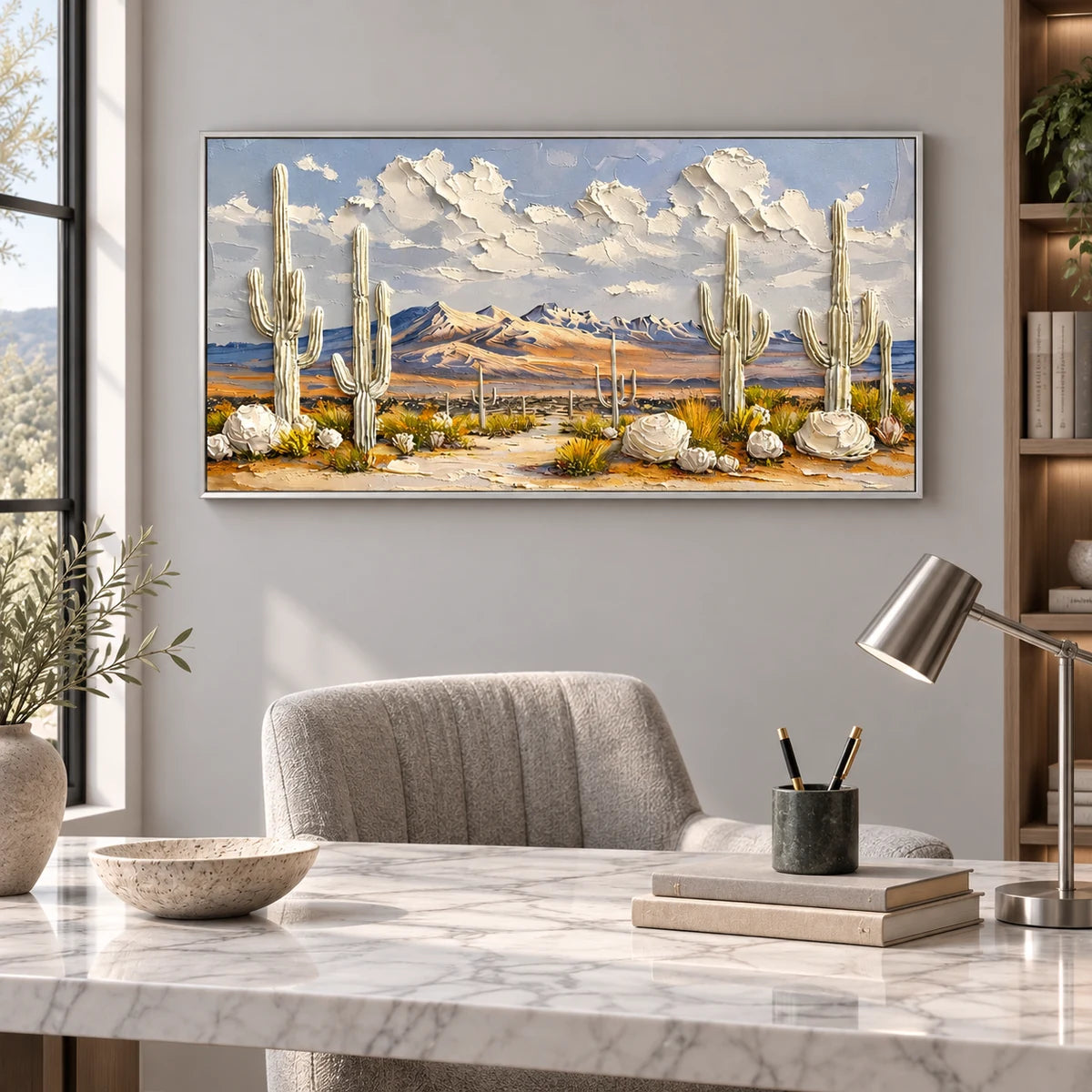 Desert Bloom Cactus Landscape Painting AA#2323 — Silver Frame existing room preview