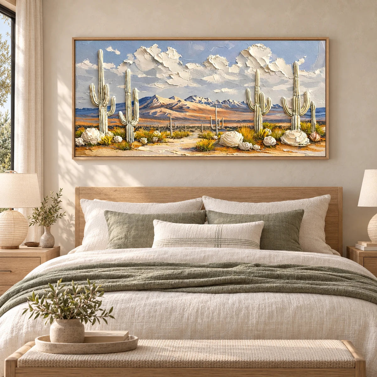 Desert Bloom Cactus Landscape Painting AA#2323 — Wood Frame existing room preview