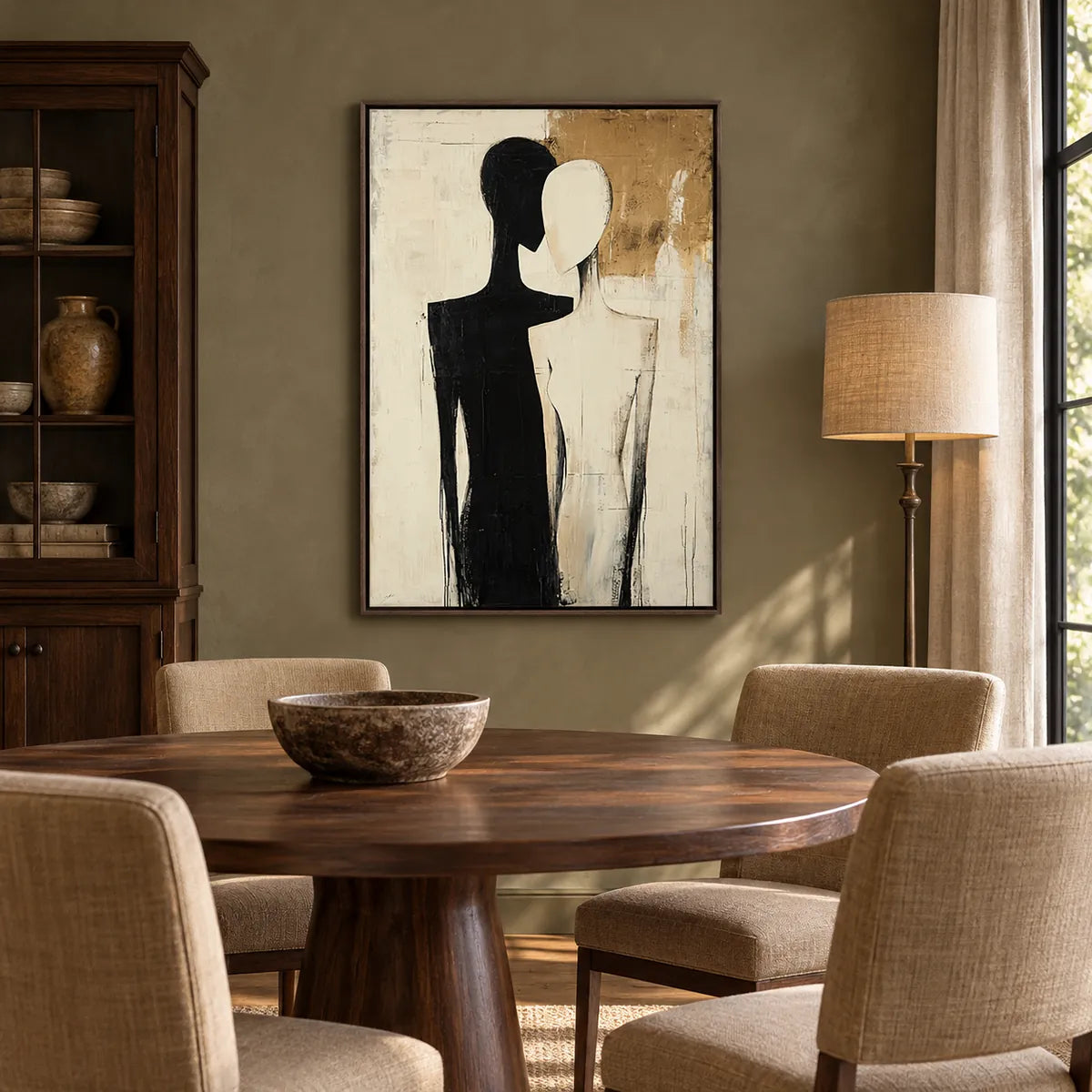 Dual Echo Black-White Figure Painting AA#2324 — Dark Wood Frame existing room preview