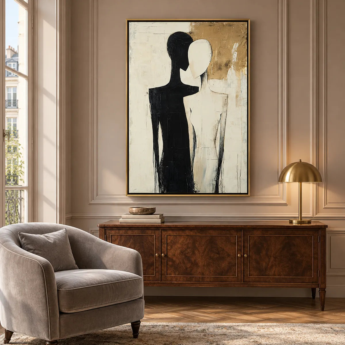 Dual Echo Black-White Figure Painting AA#2324 — Gold Frame existing room preview