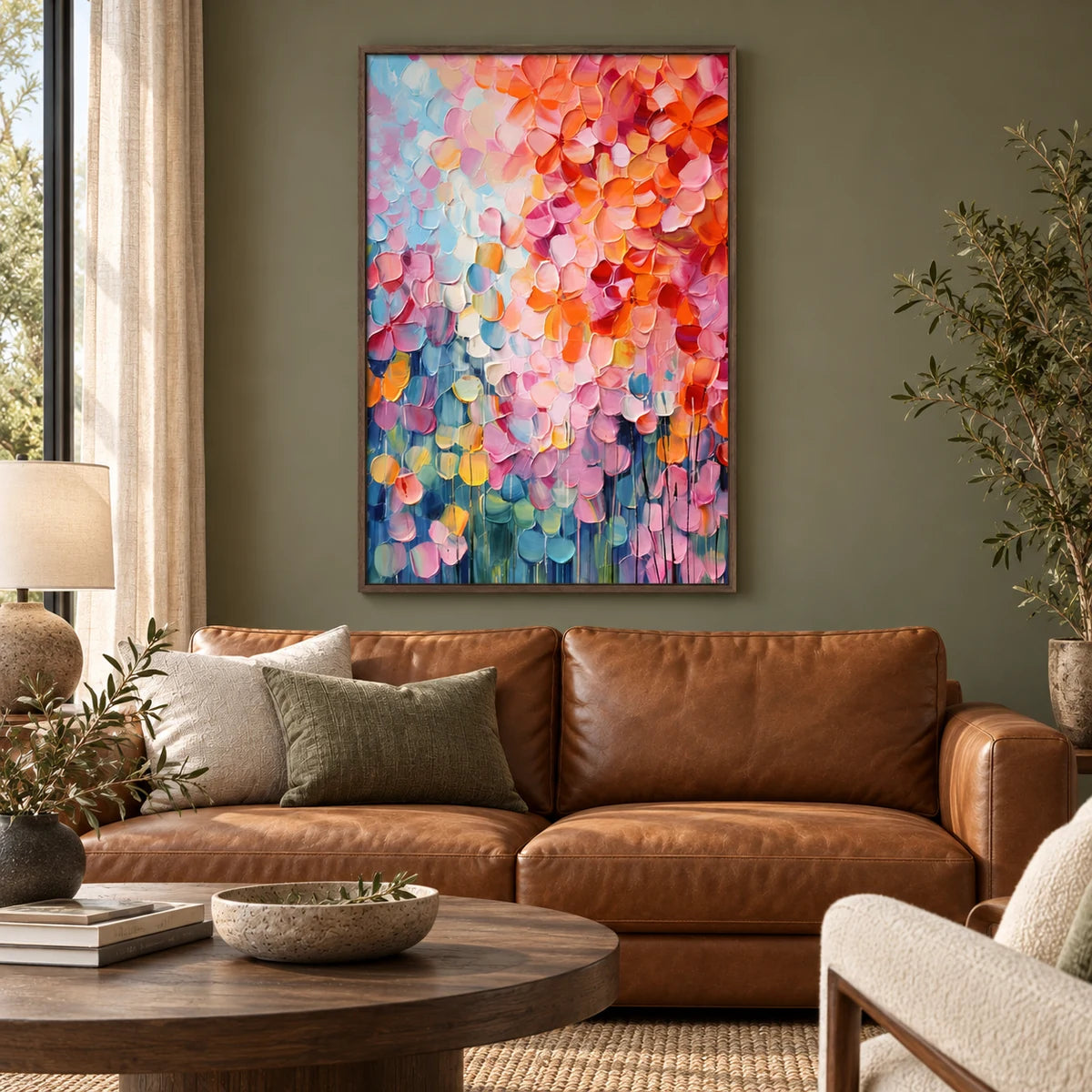 Petal Cascade Coral-Pink Abstract Painting AA#2325 — Dark Wood Frame existing room preview
