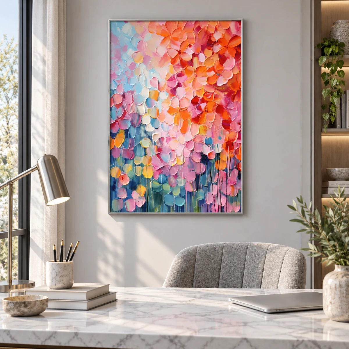 Petal Cascade Coral-Pink Abstract Painting AA#2325 — Silver Frame existing room preview