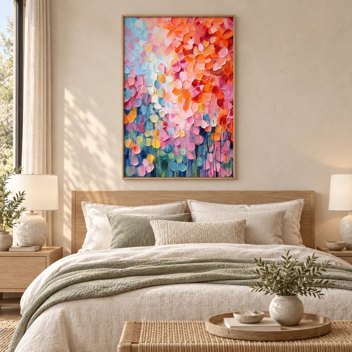 Petal Cascade Coral-Pink Abstract Painting AA#2325 — Wood Frame existing room preview
