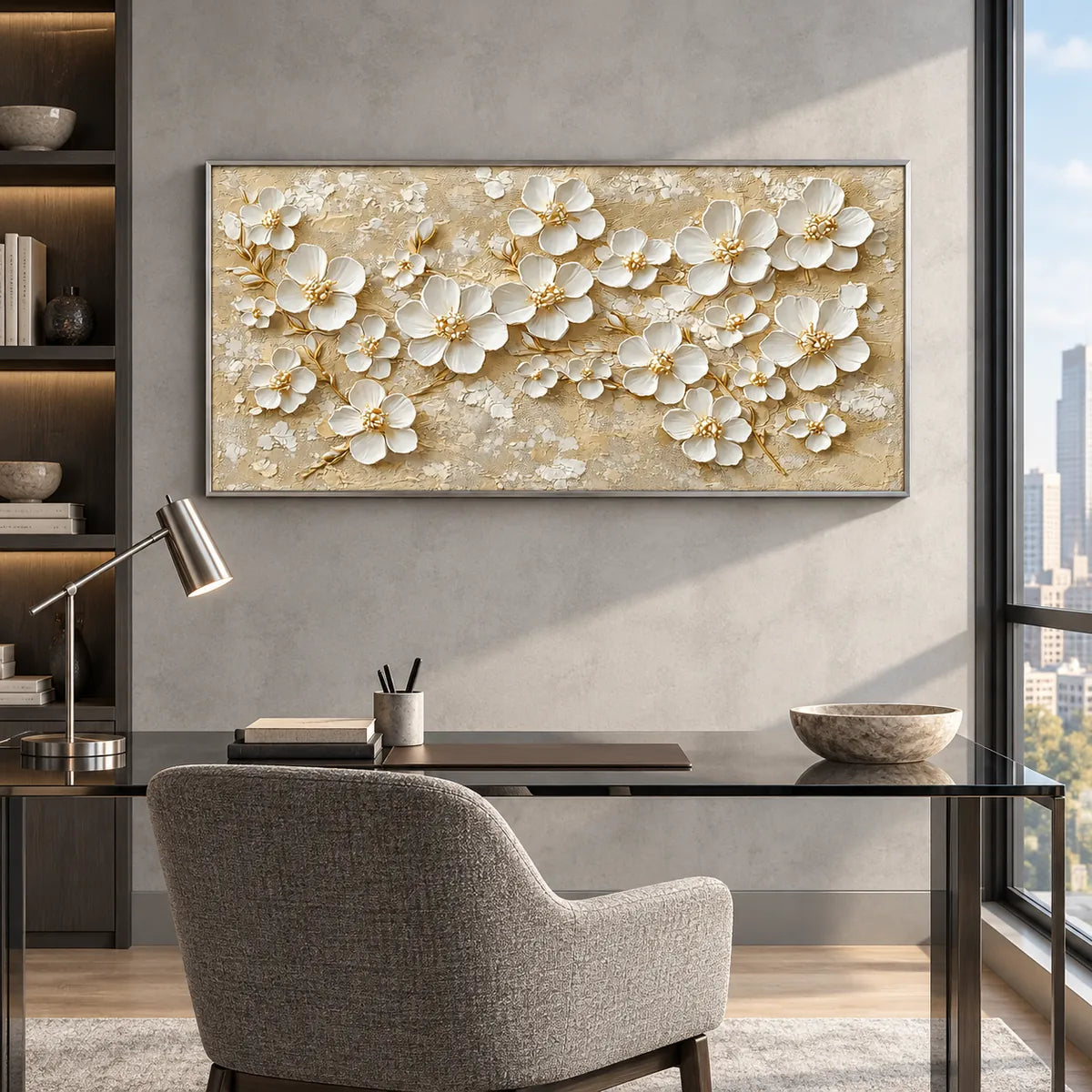 Golden Whisper White Blossom Painting AA#2326 — Silver Frame existing room preview