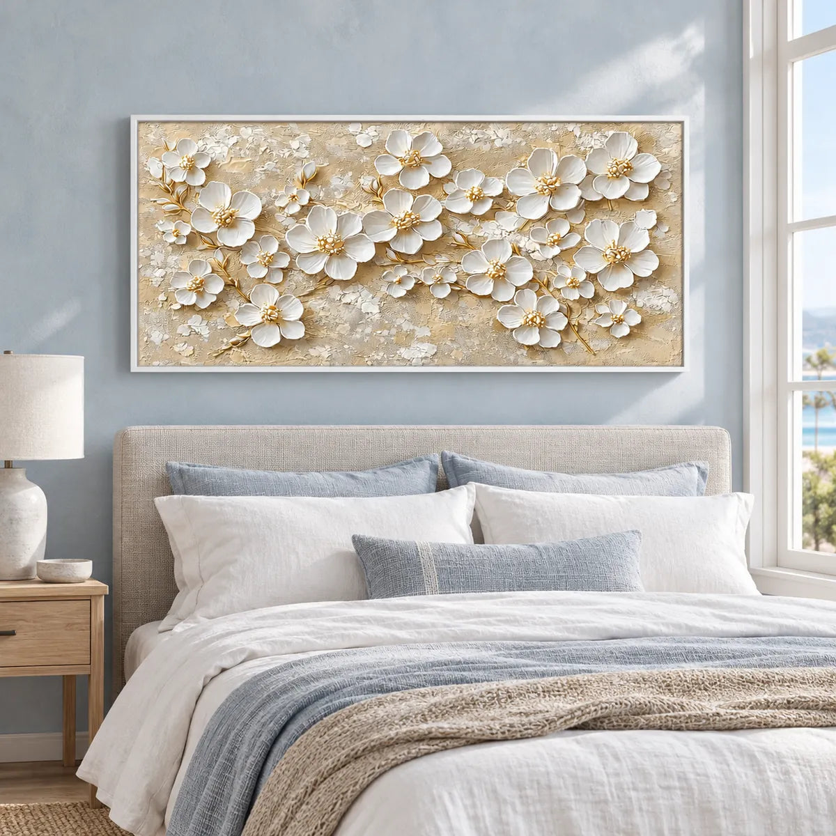 Golden Whisper White Blossom Painting AA#2326 — White Frame existing room preview