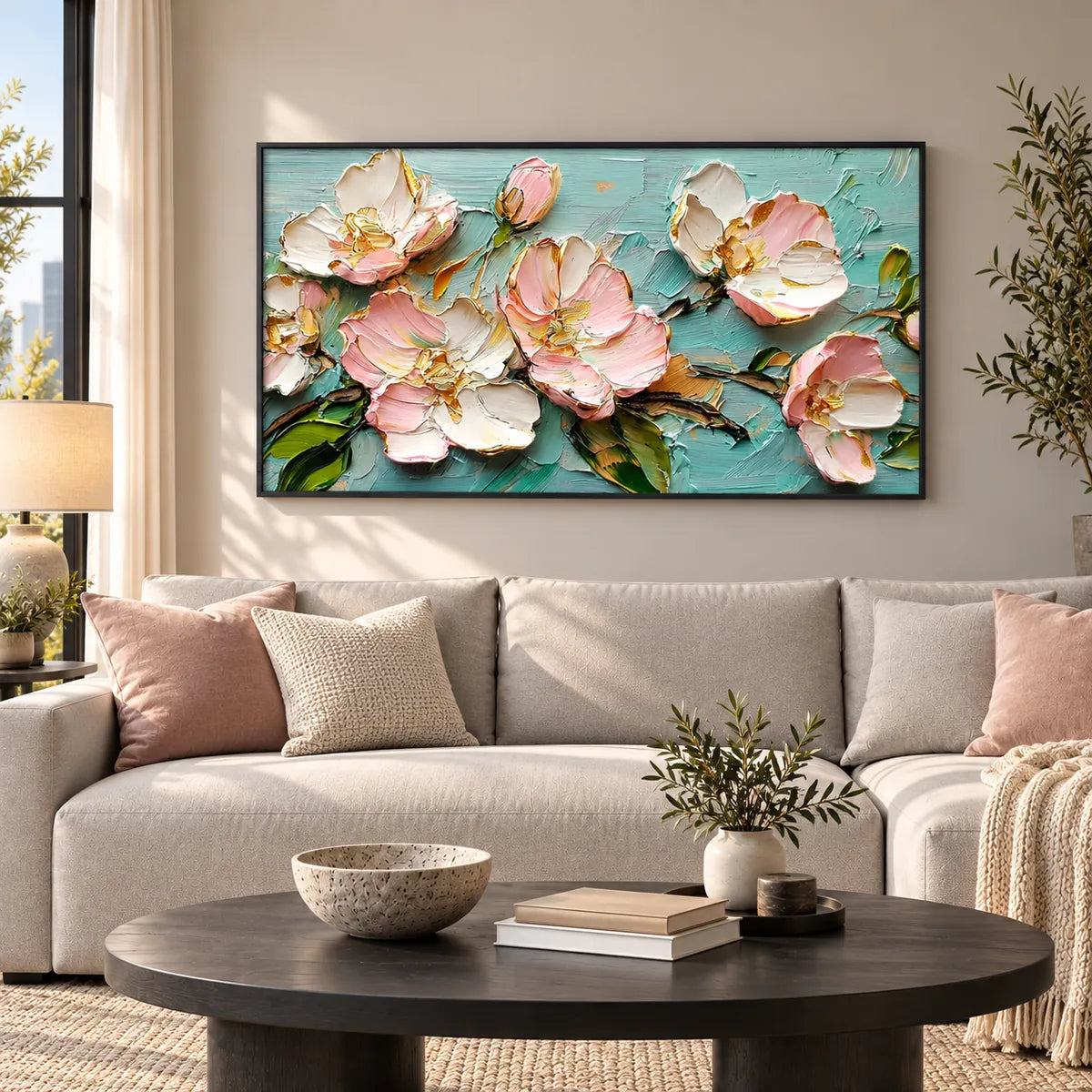 Aqua Blush Peony Relief Painting AA#2327 — Existing room preview room preview