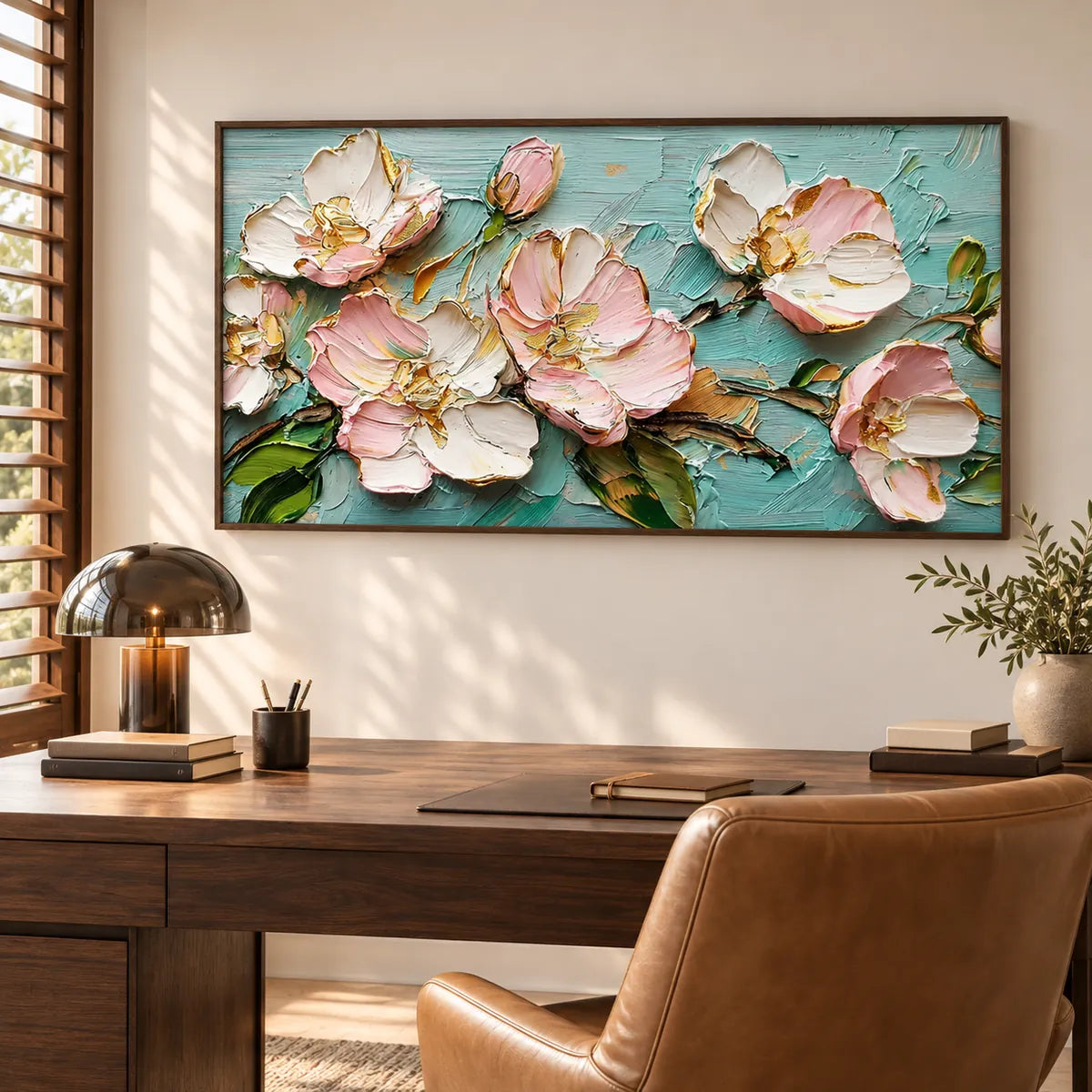 Aqua Blush Peony Relief Painting AA#2327 — Dark Wood Frame existing room preview