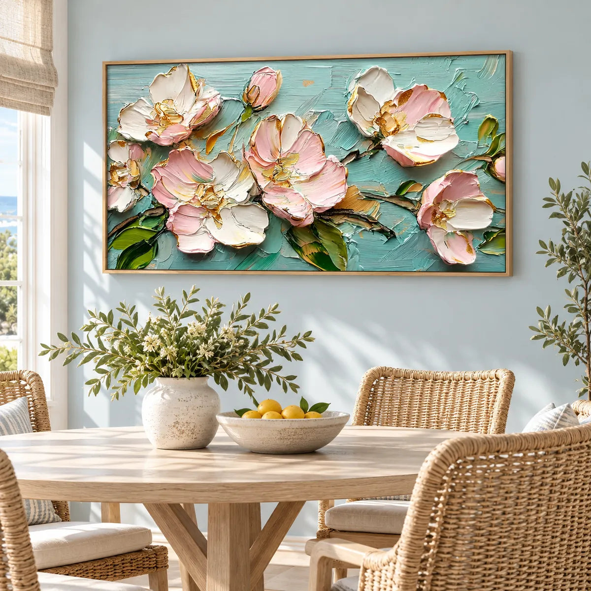 Aqua Blush Peony Relief Painting AA#2327 — Wood Frame existing room preview