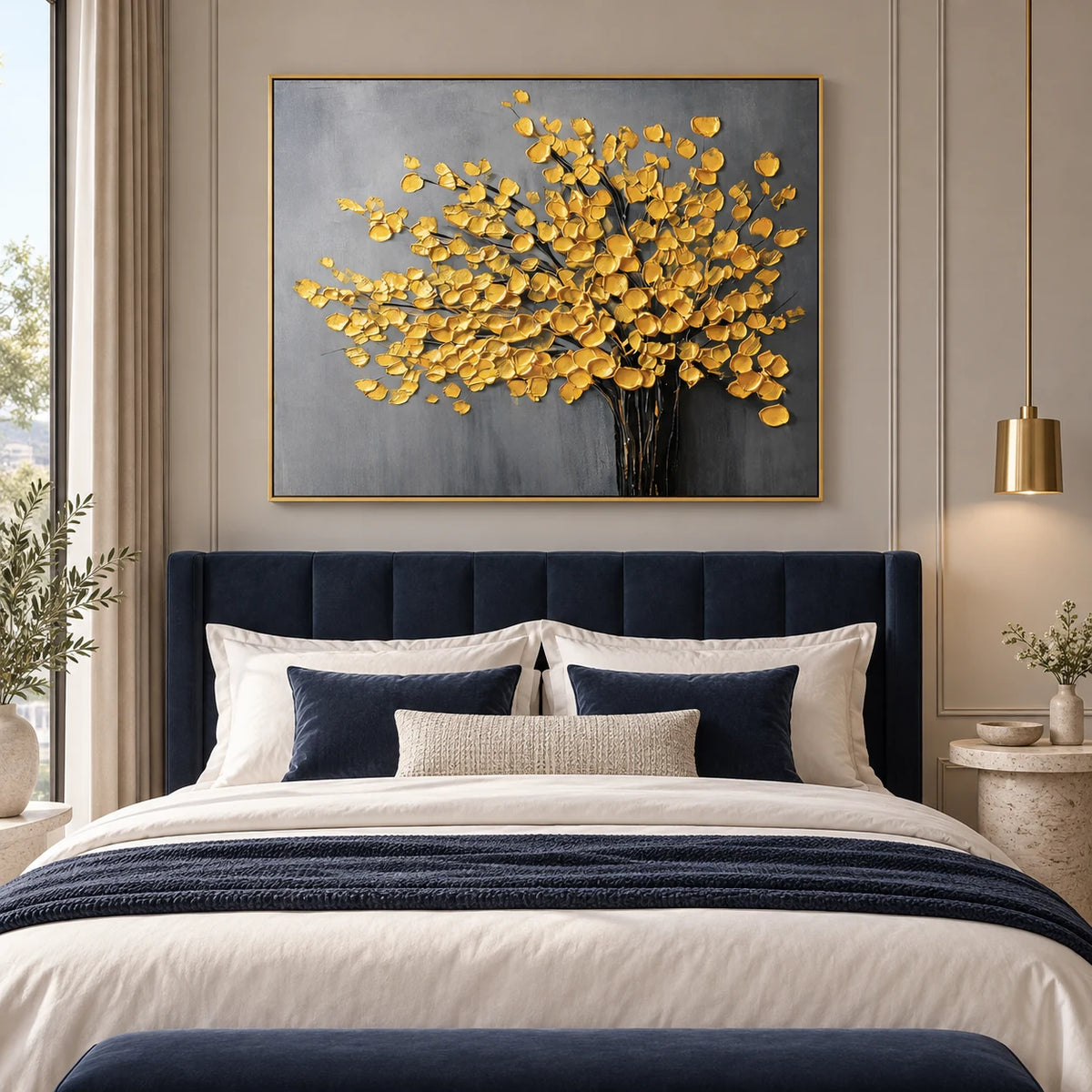 Golden Bloom Tree Textured Painting AA#2328 — Gold Frame existing room preview
