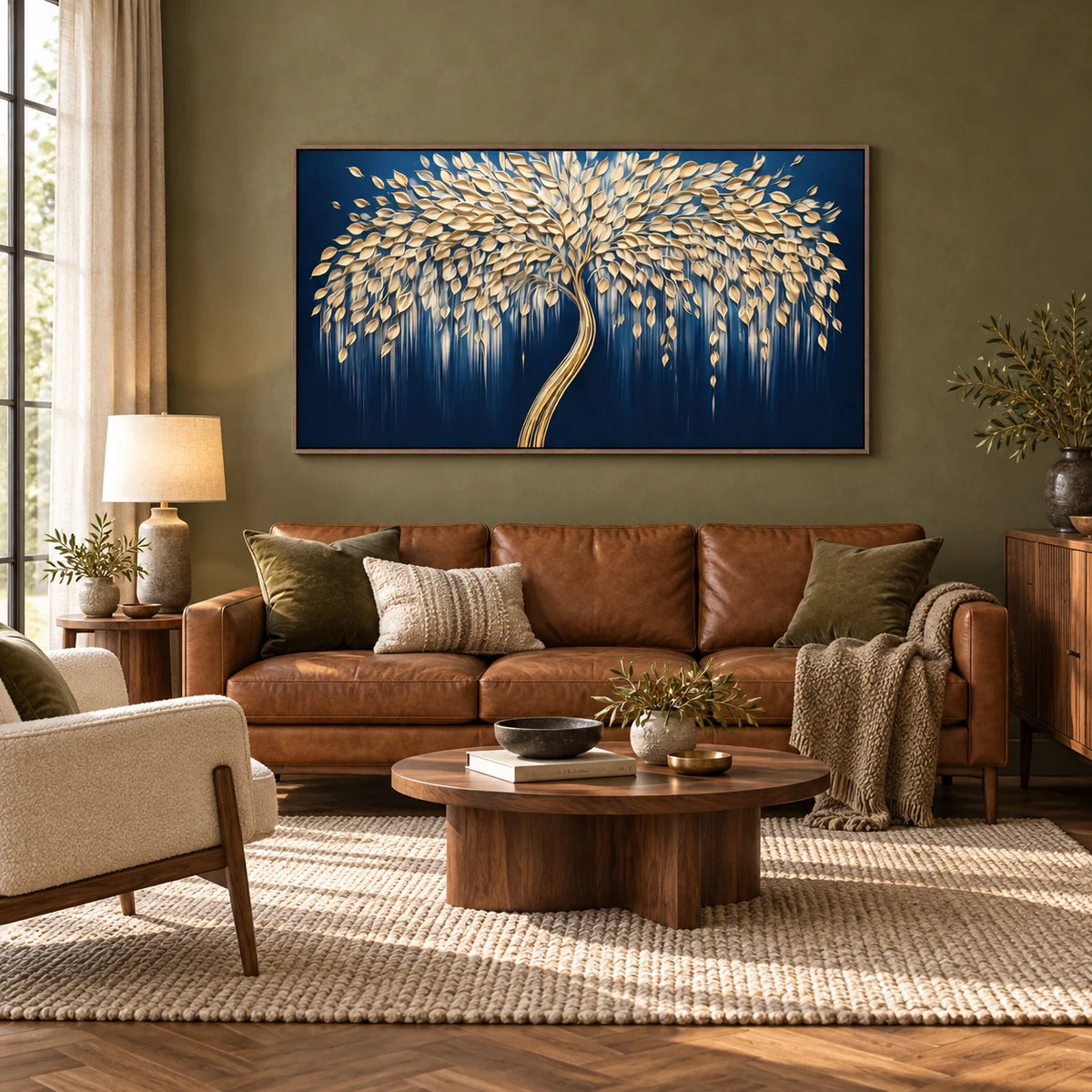 Midnight Gold Willow Tree Painting AA#2329 — Dark Wood Frame existing room preview